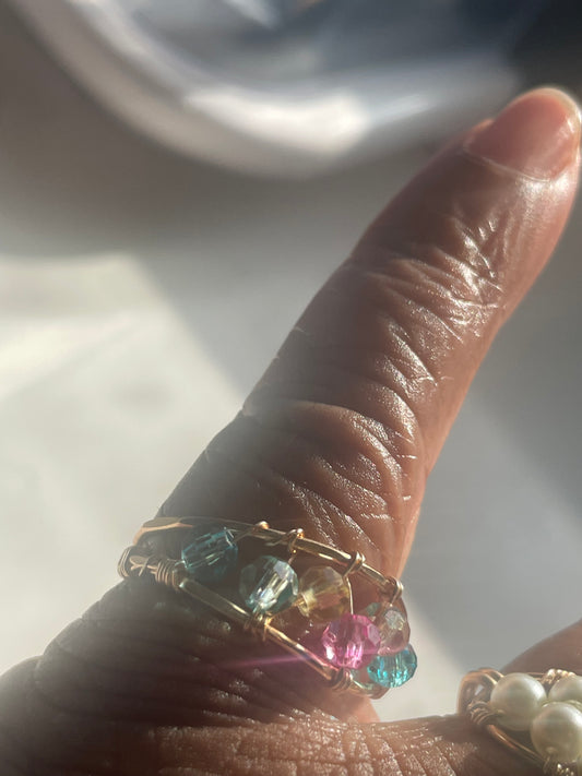 Pastel Stardust Ring – Handcrafted with Textured Wire & Beads