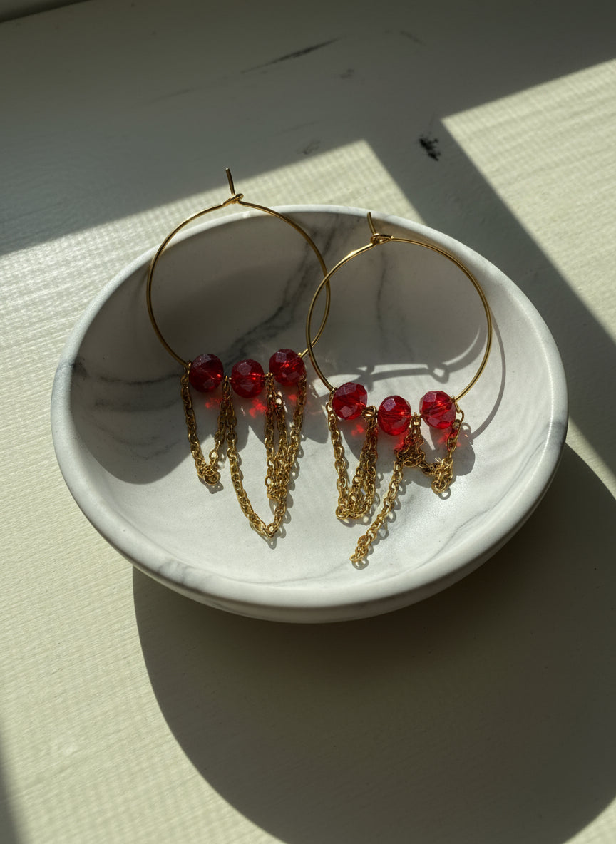 Amren Earrings – Ruby Red Glass & 18K Gold Plated Stainless Steel
