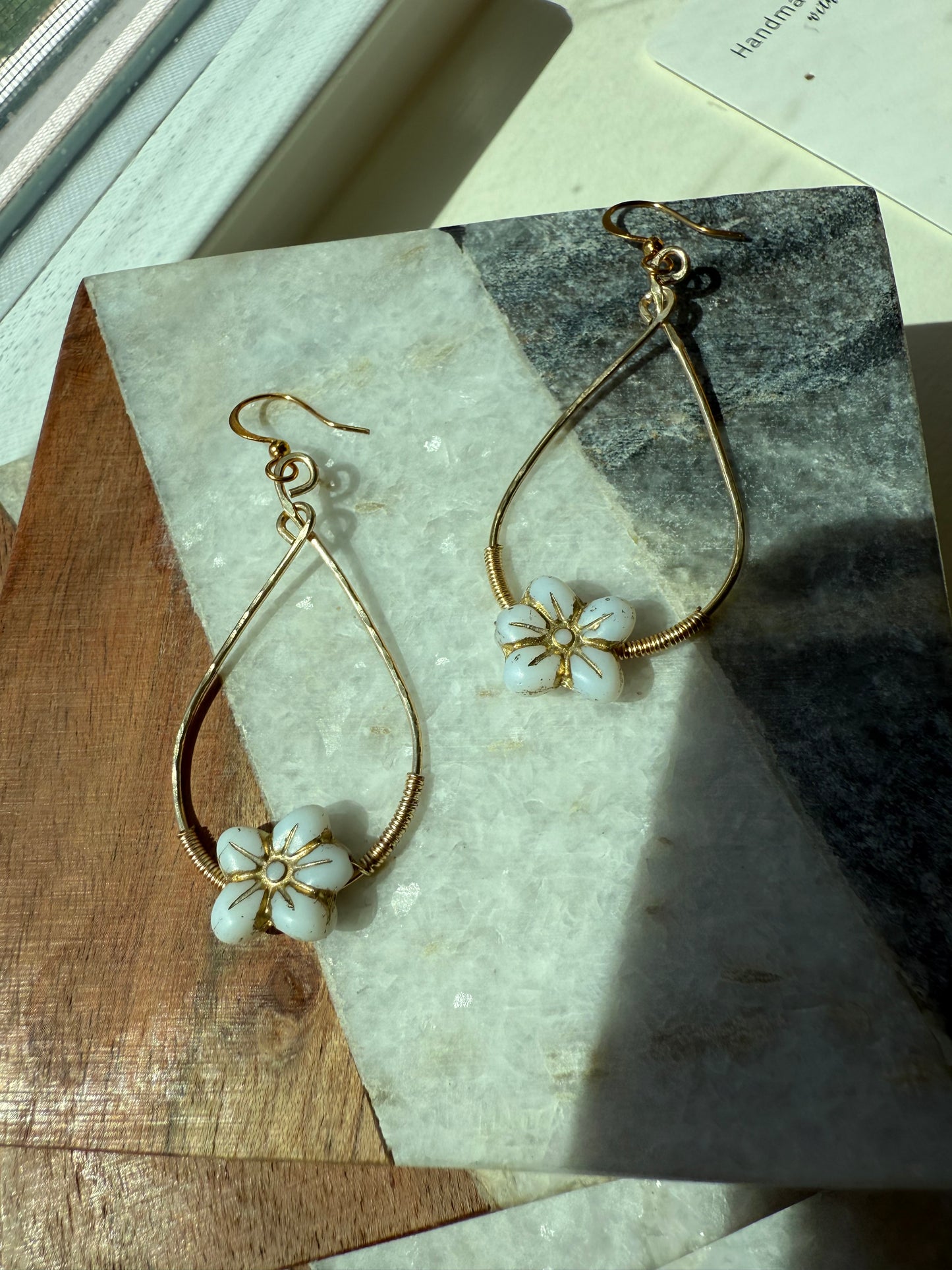 Wild Violet Earrings – Czech Glass Matte White Opal with Gold Accents