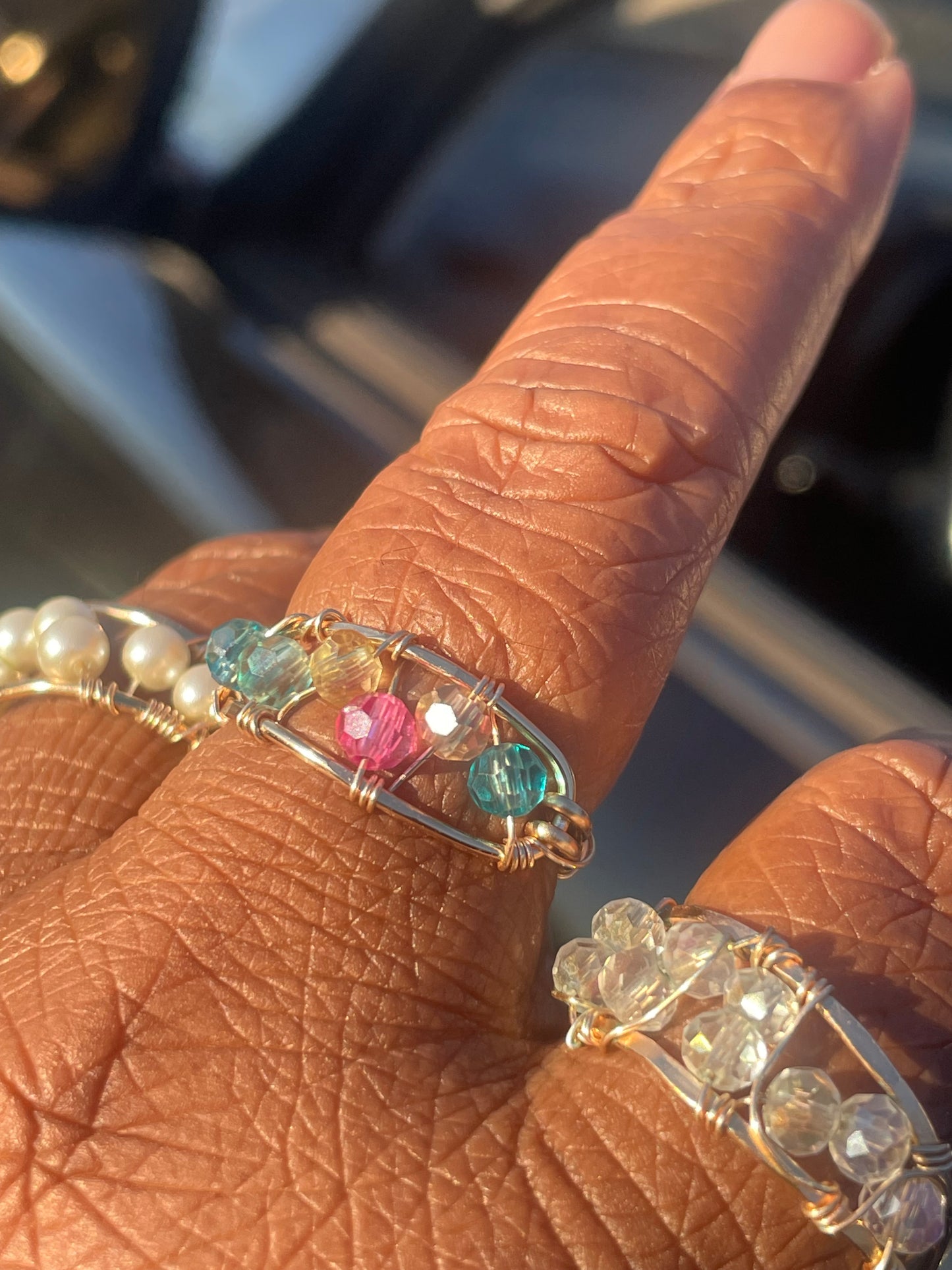 Pastel Stardust Ring – Handcrafted with Textured Wire & Beads