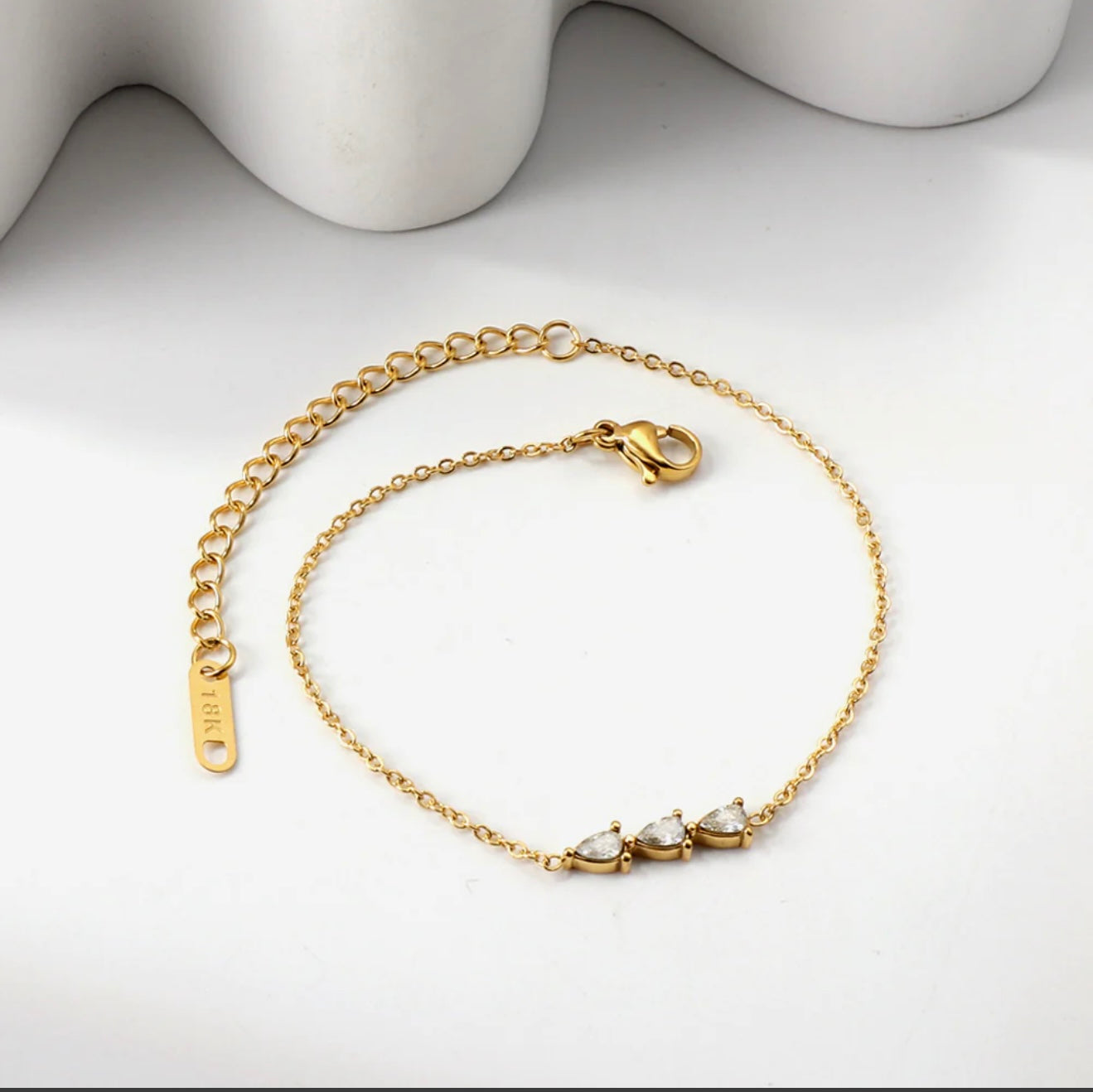 Trinity Three Teardrop CZ Charm Bracelet – 18K Gold Plated Stainless Steel