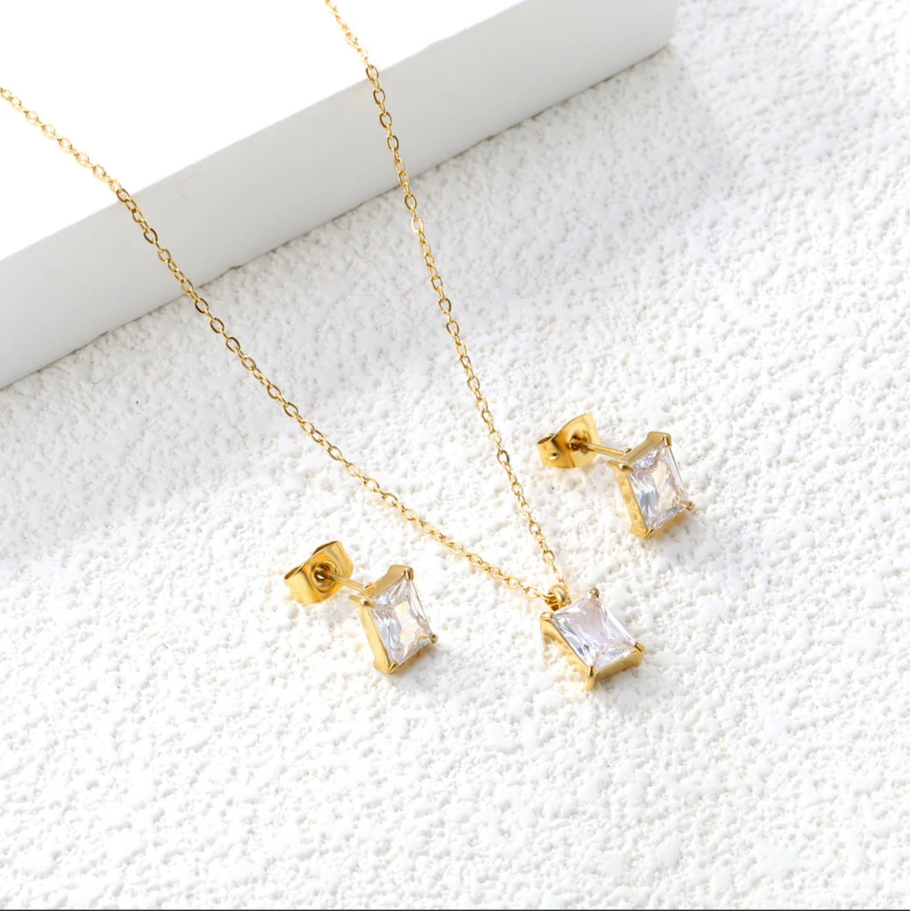 Clarity Earrings – Rectangle White Zircon Studs 18k gold plated stainless steel