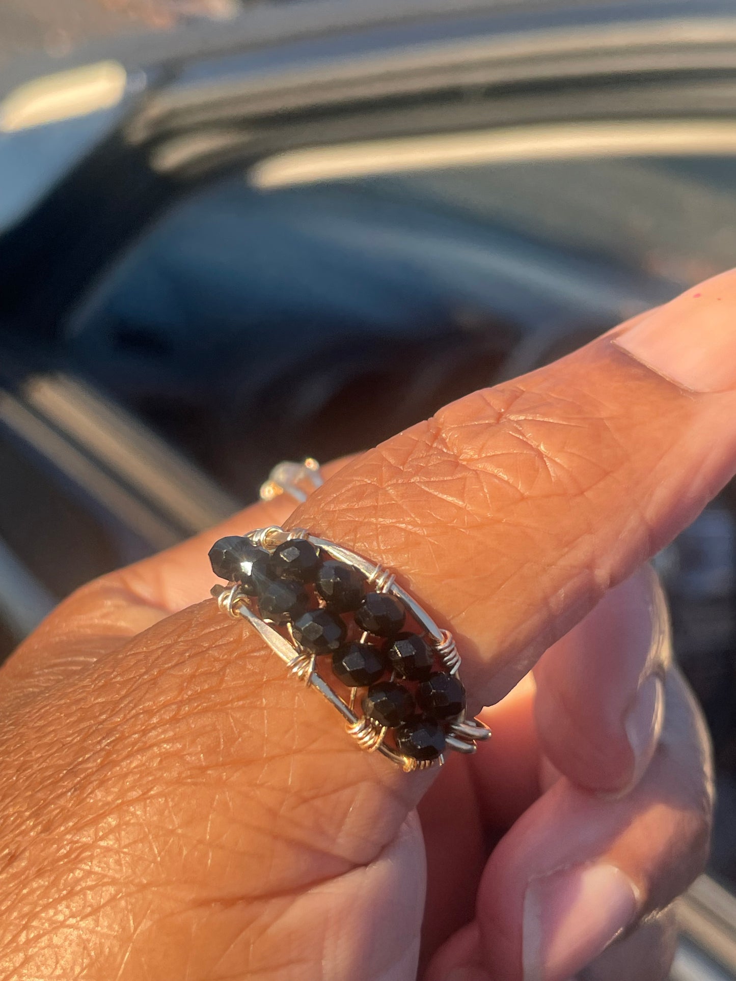 Black Beauty Stardust Ring – Handcrafted with Hammered Texture & Beads