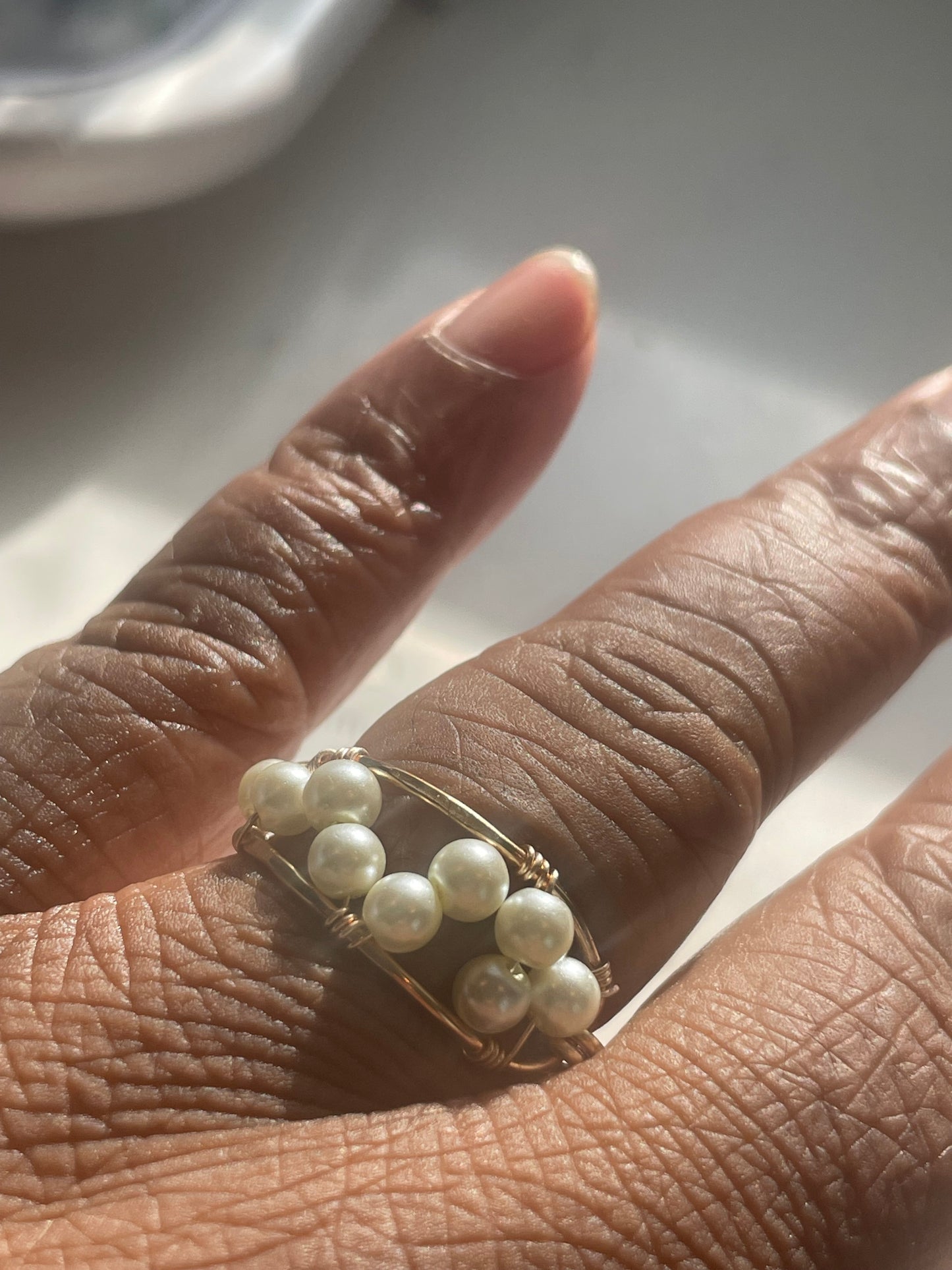 Pearl Stardust Ring – Handcrafted with Glass Pearls & Hammered Texture