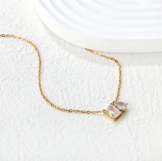 Balance Square Teardrop White Zirconia Necklace 18k gold plated stainless steel