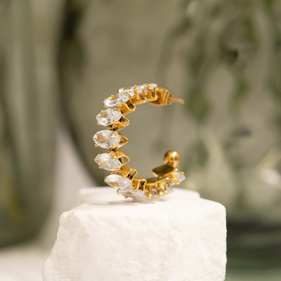 Maranda 18K Gold PVD Stainless Steel Marquis CZ Stone Hoop Earrings