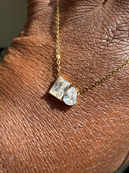 Balance Square Teardrop White Zirconia Necklace 18k gold plated stainless steel