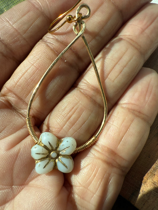 Wild Violet Earrings – Czech Glass Matte White Opal with Gold Accents