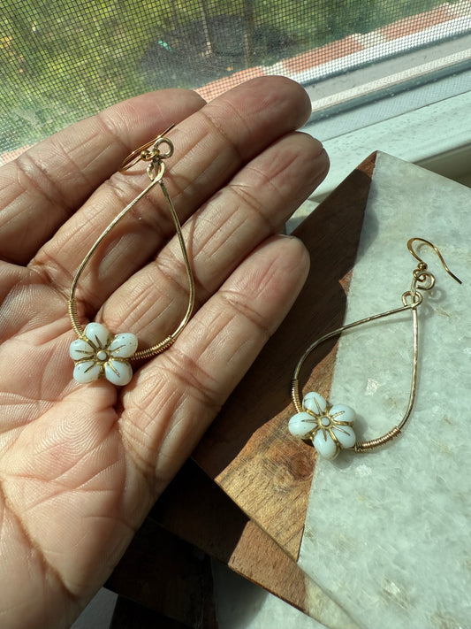 Wild Violet Earrings – Czech Glass Matte White Opal with Gold Accents