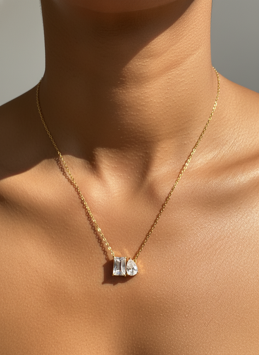 Balance Square Teardrop White Zirconia Necklace 18k gold plated stainless steel