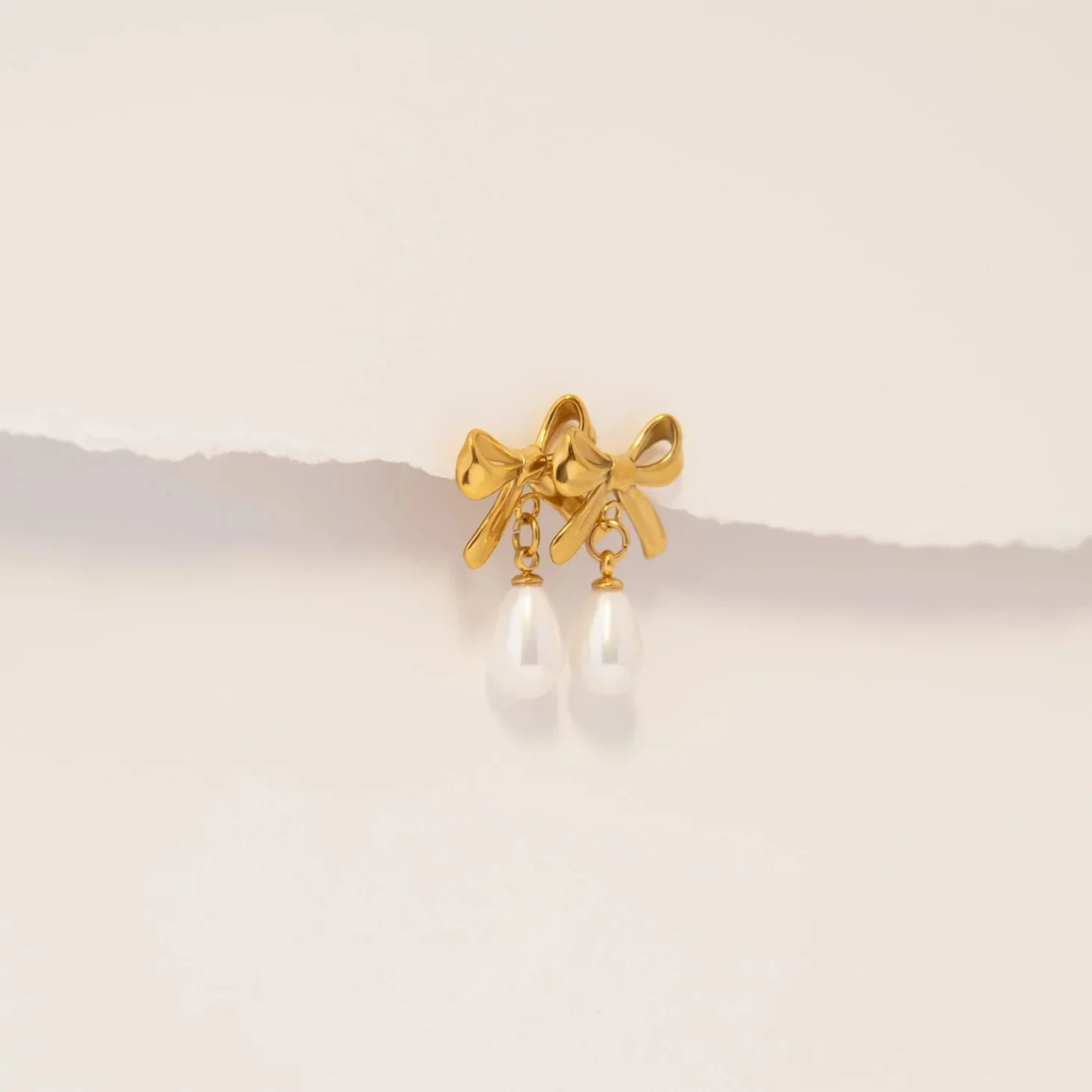 Isabella 18K Gold PVD Ribbon Bow Earrings with Freshwater Pearl