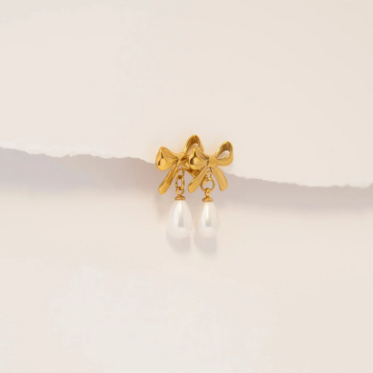 Isabella 18K Gold PVD Ribbon Bow Earrings with Freshwater Pearl