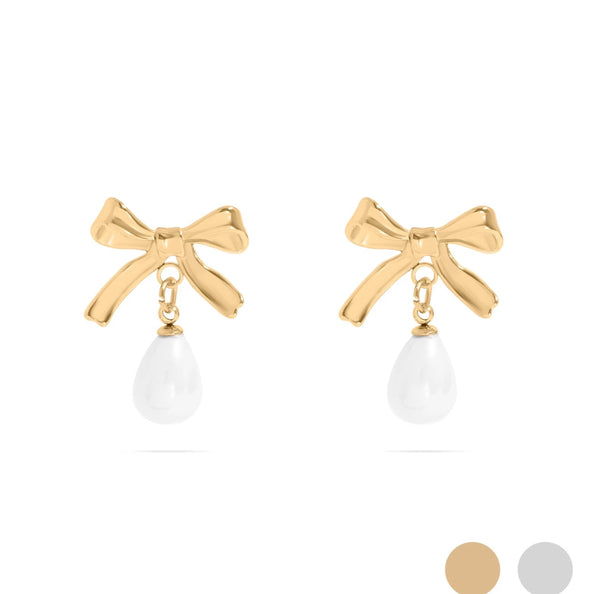 Isabella 18K Gold PVD Ribbon Bow Earrings with Freshwater Pearl