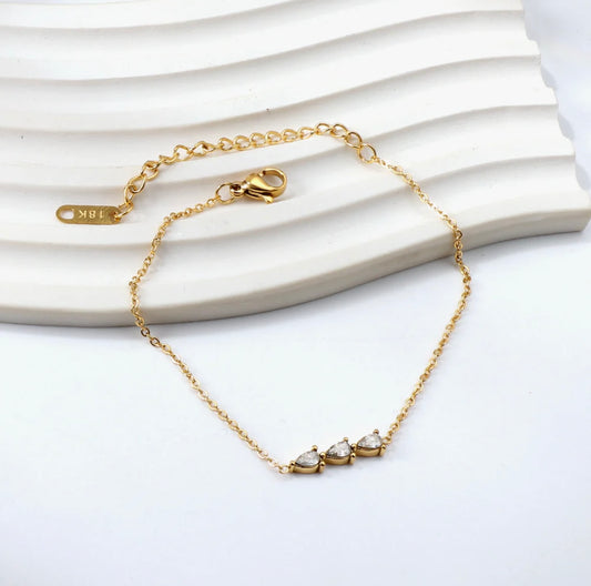 Trinity Three Teardrop CZ Charm Bracelet – 18K Gold Plated Stainless Steel