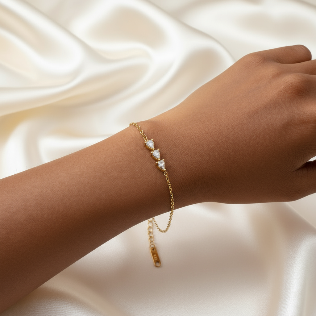 Trinity Three Teardrop CZ Charm Bracelet – 18K Gold Plated Stainless Steel