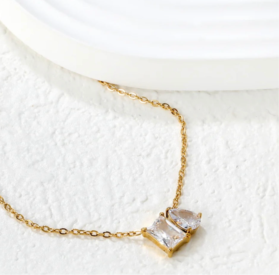 Balance Square Teardrop White Zirconia Necklace 18k gold plated stainless steel
