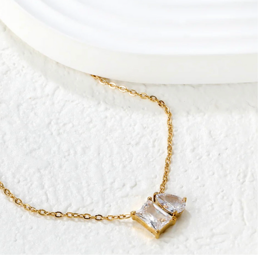 Balance Square Teardrop White Zirconia Necklace 18k gold plated stainless steel