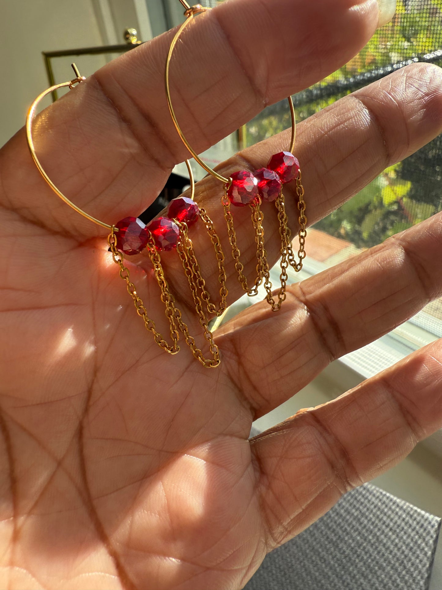 Amren Earrings – Ruby Red Glass & 18K Gold Plated Stainless Steel