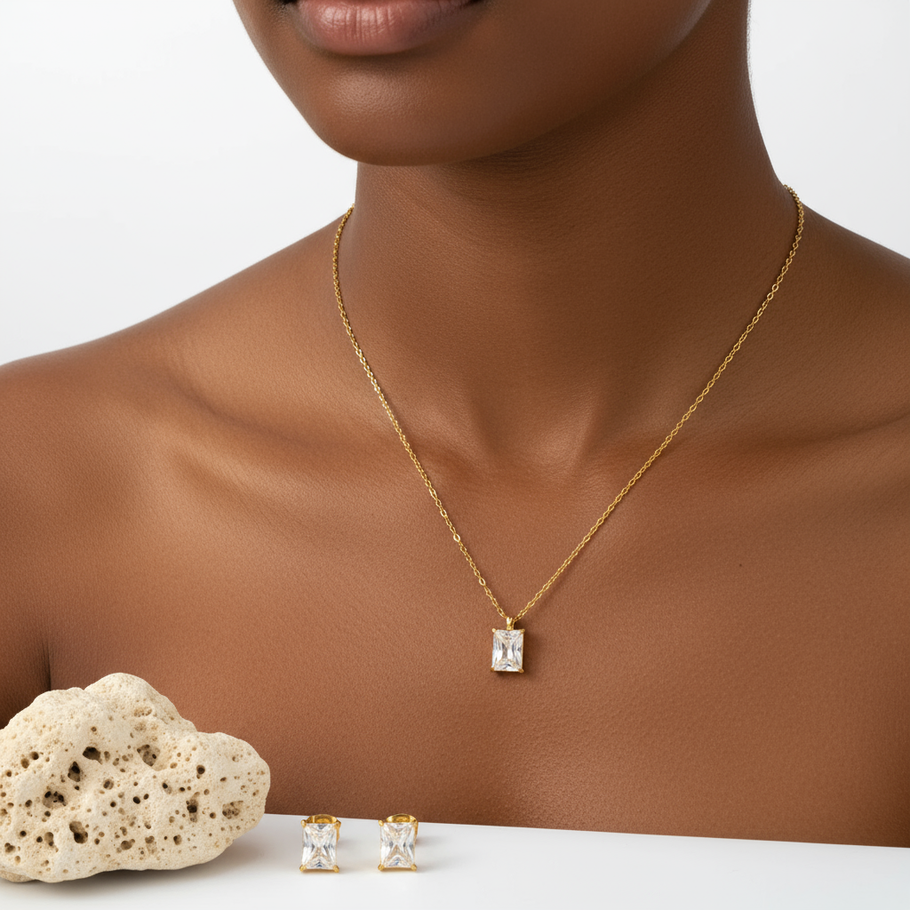 Clarity Rectangle White Zircon Necklace 18k gold plated stainless steel