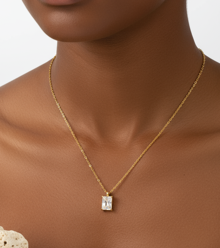 Clarity Rectangle White Zircon Necklace 18k gold plated stainless steel