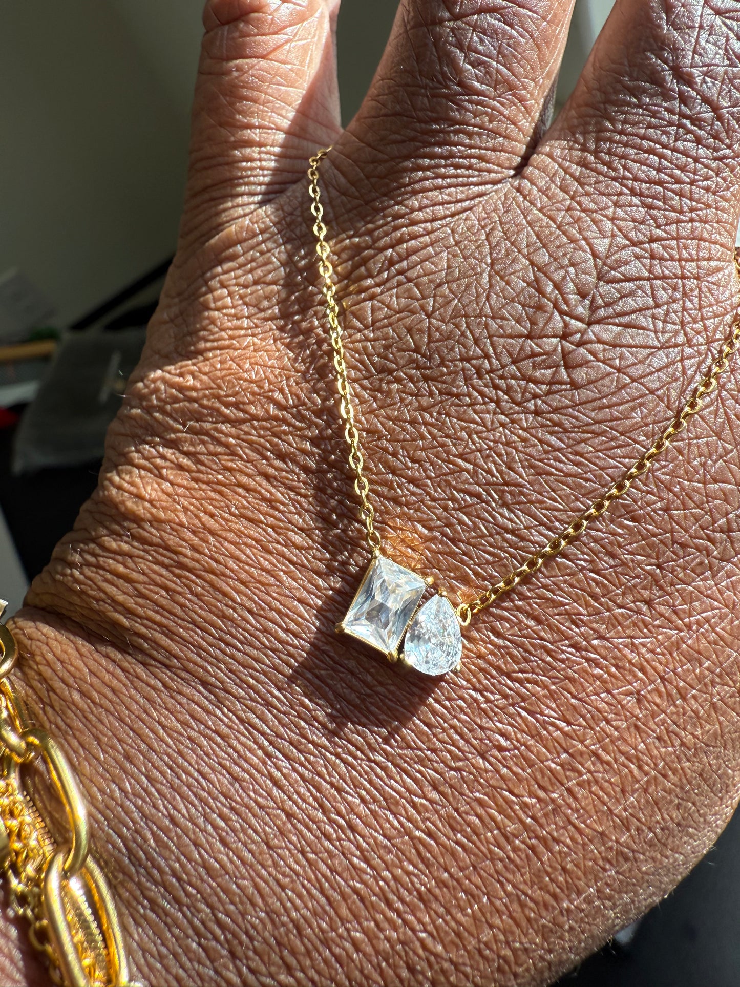 Balance Square Teardrop White Zirconia Necklace 18k gold plated stainless steel