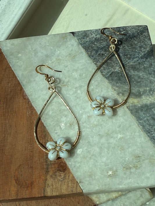 Wild Violet Earrings – Czech Glass Matte White Opal with Gold Accents