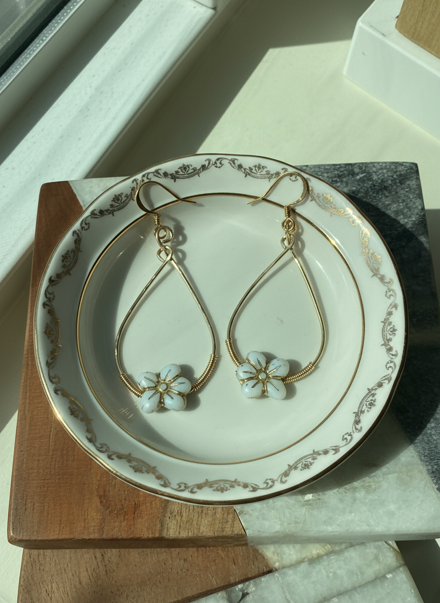 Wild Violet Earrings – Czech Glass Matte White Opal with Gold Accents