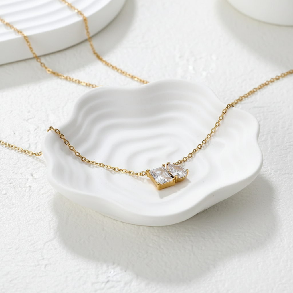 Balance Square Teardrop White Zirconia Necklace 18k gold plated stainless steel